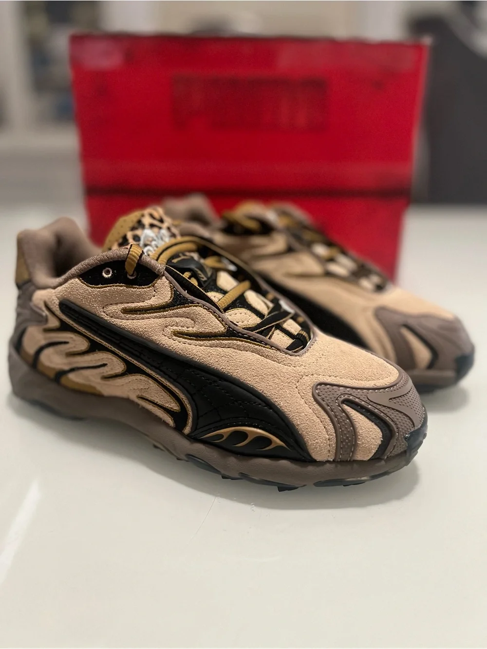 Puma Women's  Rocky Beige and Black Suede Wave-Style Sneakers